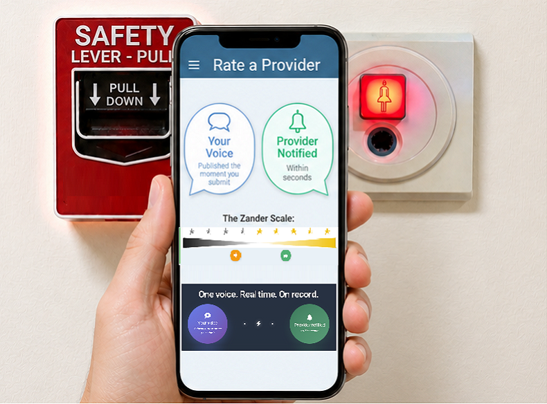 Same wall with a hand holding a SafetyBuddy phone — the missing safety button